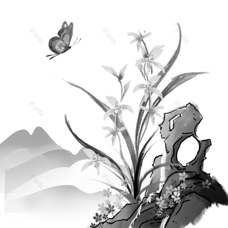 水墨图片,中国风元素,蝴蝶PNG,山水免抠素材